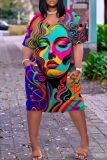 Yellow Casual Print Patchwork Basic V Neck Short Sleeve Short Sleeve Dress