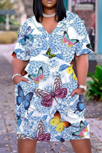 Blue Casual Print Basic V Neck Short Sleeve Short Sleeve Dress