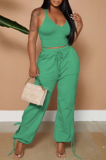 Fluorescent Green Casual Solid Vests Pants V Neck Sleeveless Two Pieces