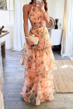 Orange Red Bohemian College Gradual Change Tie-dye Halter Cake Skirt Dresses