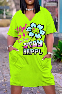 Fluorescent Green Casual Print Basic V Neck Short Sleeve Short Sleeve Dress