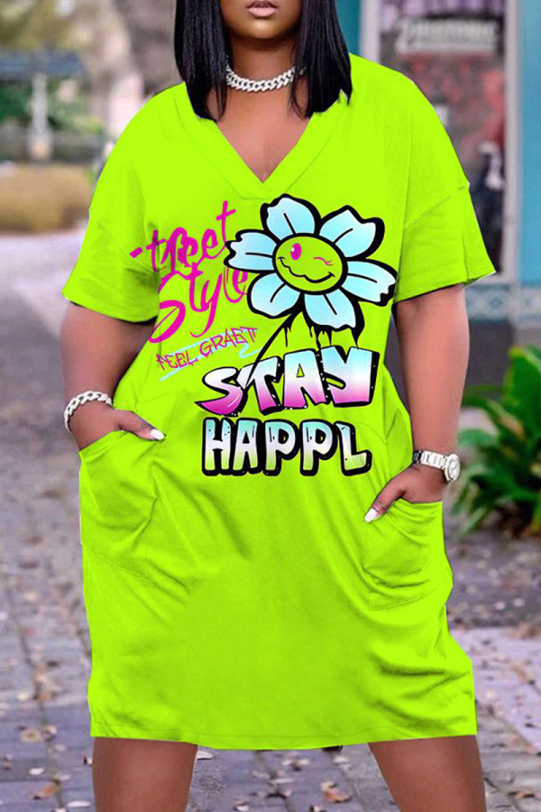 Fluorescent Green Casual Print Basic V Neck Short Sleeve Short Sleeve Dress
