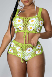 Green Casual Floral Bandage Hollowed Out Patchwork See-through Backless Square Collar Sleeveless Two Pieces