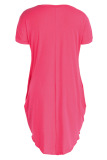 Rose Red Casual Solid Basic O Neck Short Sleeve Short Sleeve Dress