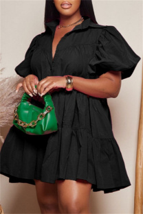 Black Casual Solid Turndown Collar Short Sleeve Short Sleeve Dress