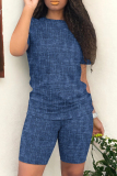 Blue Casual Print Patchwork O Neck Short Sleeve Two Pieces