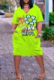 Fluorescent Green Casual Print Basic V Neck Short Sleeve Short Sleeve Dress