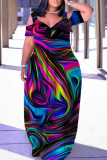Army Green Casual Print Hollowed Out V Neck Long Dresses