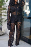 Black Sexy Lace Buckle Turndown Collar Long Sleeve Two Pieces