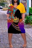 Yellow Casual Print Patchwork Basic V Neck Short Sleeve Short Sleeve Dress