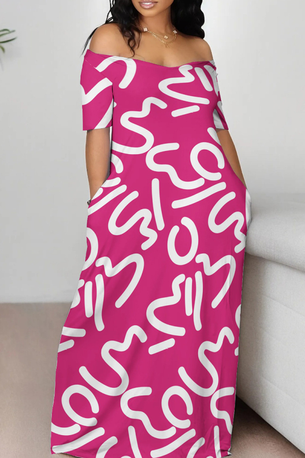 Rose Red Casual Print Backless Off Shoulder Long Dresses
