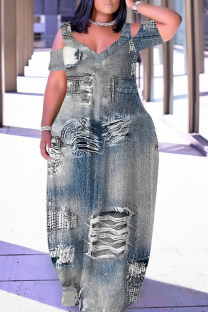 Grey Casual Print Hollowed Out V Neck Long Dresses