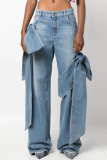 Blue Casual Solid Patchwork High Waist Regular Denim Jeans