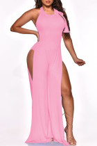 Pink Sexy Solid Backless Cross Straps Slit O Neck Skinny Jumpsuits