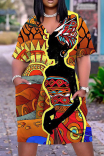 Brown Casual Print Patchwork Basic V Neck Short Sleeve Short Sleeve Dress