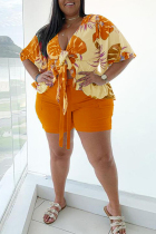 Orange Casual Floral Print Bandage Patchwork V Neck Plus Size Two Pieces