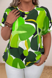 Green Casual Print Hollow Out Pearl O Neck Plus Size Tops