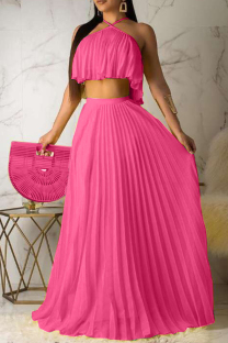 Rose Red Celebrities Solid Color Backless Pleated Patchwork Halter Sleeveless Two Pieces