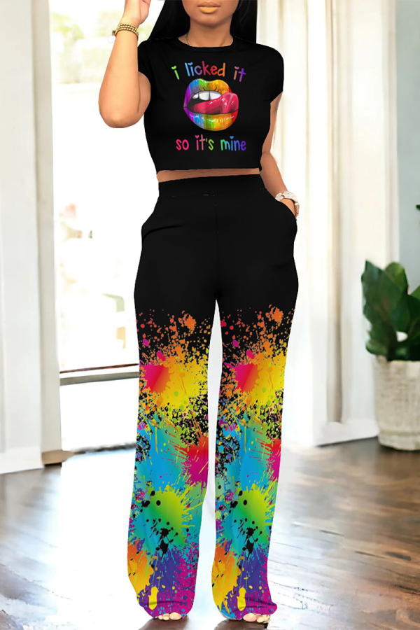 Black Casual Gradient Print Geometric Print Camouflage Print Pocket O Neck Short Sleeve Two Pieces