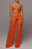 Tangerine Red Casual Solid Color Patchwork Belted Strapless Sleeveless Two Pieces