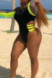 Black Sportswear Hollow Out Zipper Patchwork Swimwears