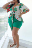 Green Casual Floral Print Bandage Patchwork V Neck Plus Size Two Pieces
