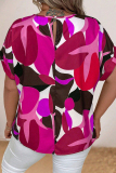 Purple Casual Print Hollow Out Pearl O Neck Plus Size Tops