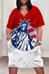 Red Casual The stars American Flag Heart Shaped Print Pocket V Neck Printed Plus Size Dresses