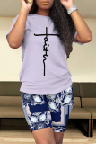 Light Purple Casual Leopard Print Letter Print Patchwork O Neck Short Sleeve Two Pieces
