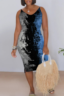 Blue Casual Gradient Print Contrast V Neck Printed Dresses