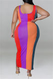 Blue Casual Patchwork Contrast U Neck Plus Size Two Pieces