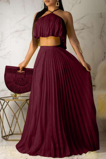 Burgundy Celebrities Solid Color Backless Pleated Patchwork Halter Sleeveless Two Pieces