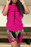Light Purple Casual Leopard Print Letter Print Patchwork O Neck Short Sleeve Two Pieces