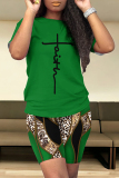 Light Purple Casual Leopard Print Letter Print Patchwork O Neck Short Sleeve Two Pieces