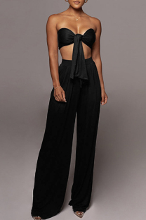 Black Casual Solid Color Patchwork Belted Strapless Sleeveless Two Pieces
