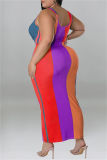 Blue Casual Patchwork Contrast U Neck Plus Size Two Pieces