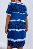 Blue Daily Striped Print Patchwork O Neck Straight Plus Size Dresses