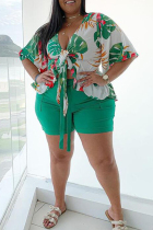 Green Casual Floral Print Bandage Patchwork V Neck Plus Size Two Pieces