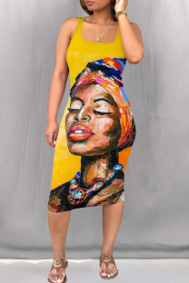 Yellow Street Print Patchwork Square Neck Wrapped Skirt Dresses