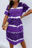 Blue Daily Striped Print Patchwork O Neck Straight Plus Size Dresses