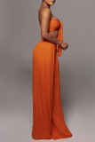 Tangerine Red Casual Solid Color Patchwork Belted Strapless Sleeveless Two Pieces