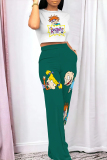 White Orange Casual Cartoon Print Pocket Patchwork O Neck Short Sleeve Two Pieces