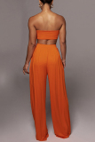 Tangerine Red Casual Solid Color Patchwork Belted Strapless Sleeveless Two Pieces