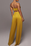 Tangerine Red Casual Solid Color Patchwork Belted Strapless Sleeveless Two Pieces