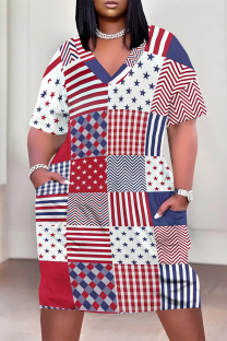 Multicolor Casual The stars American Flag Heart Shaped Print Pocket V Neck Printed Plus Size Dresses