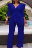 Blue Casual Solid Color With Belt V Neck Skinny Jumpsuits