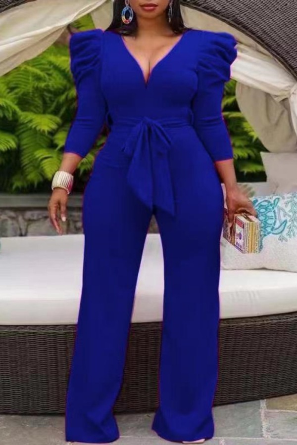 Blue Casual Solid Color With Belt V Neck Skinny Jumpsuits