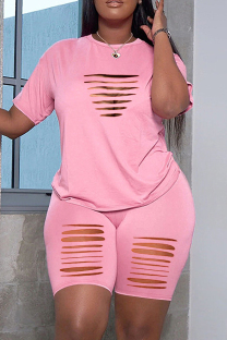 Pink Casual Solid Hollowed Out O Neck Plus Size Two Pieces
