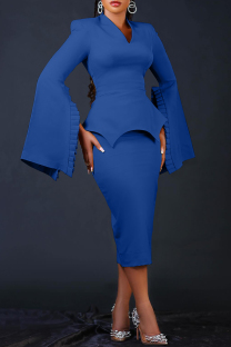 Royal Blue Casual Solid Patchwork V Neck Pencil Skirt Dresses