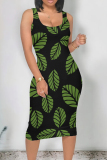 Dark Gray Street Print Patchwork U Neck Wrapped Skirt Dresses